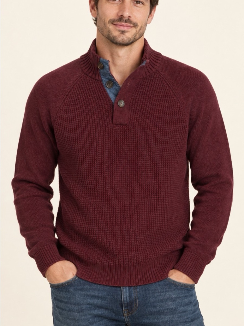 Weatherproof Men's Burgundy Ribbed Zip-Up Henley Sweater